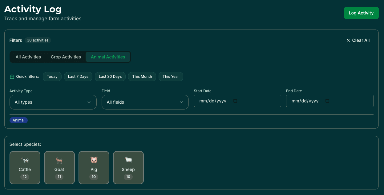 Species-specific activity logging with detailed records