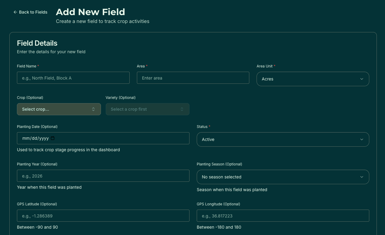 Field detail page with GPS mapping and activity history