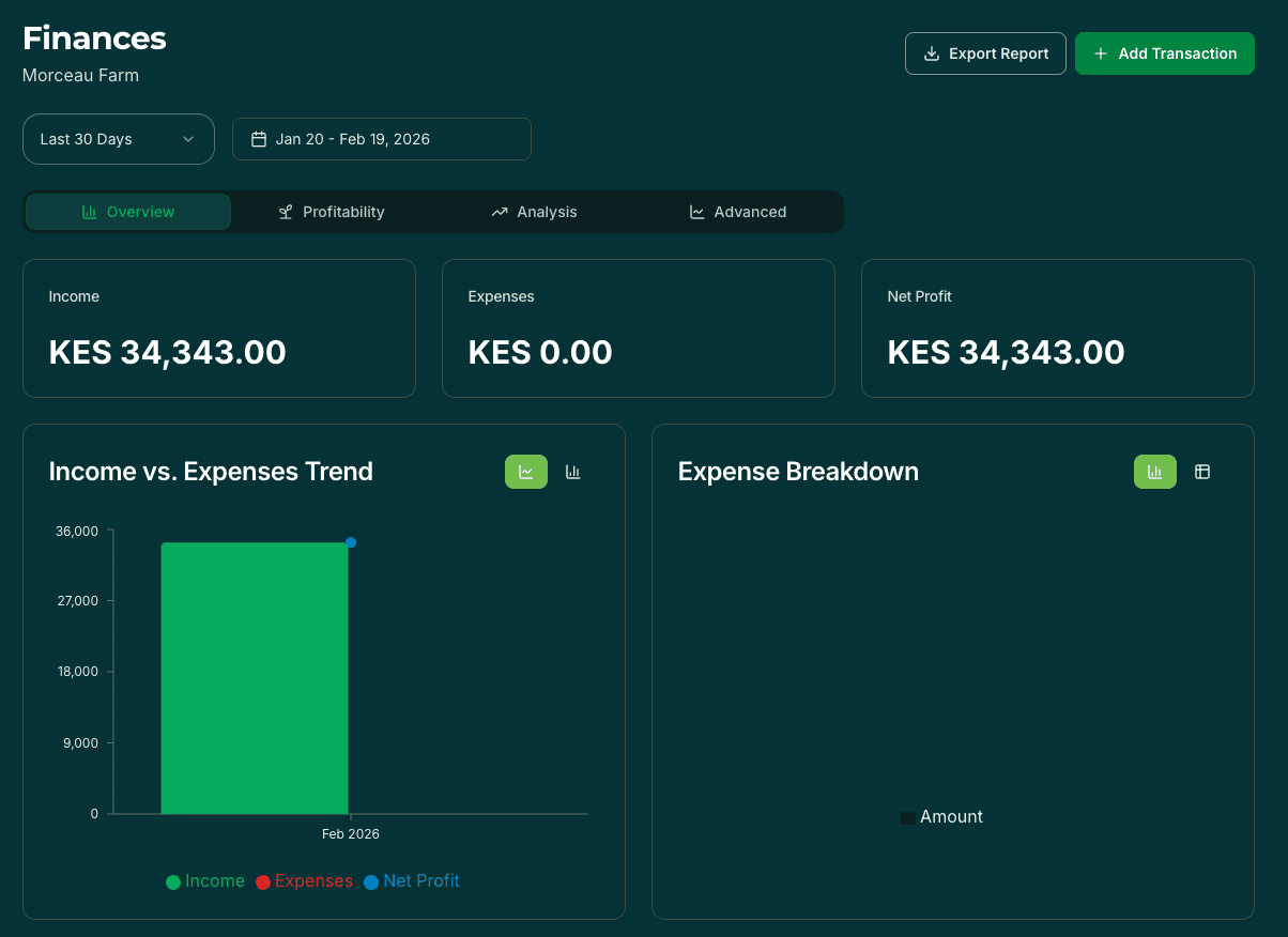 Financial overview with income, expenses, and trend charts
