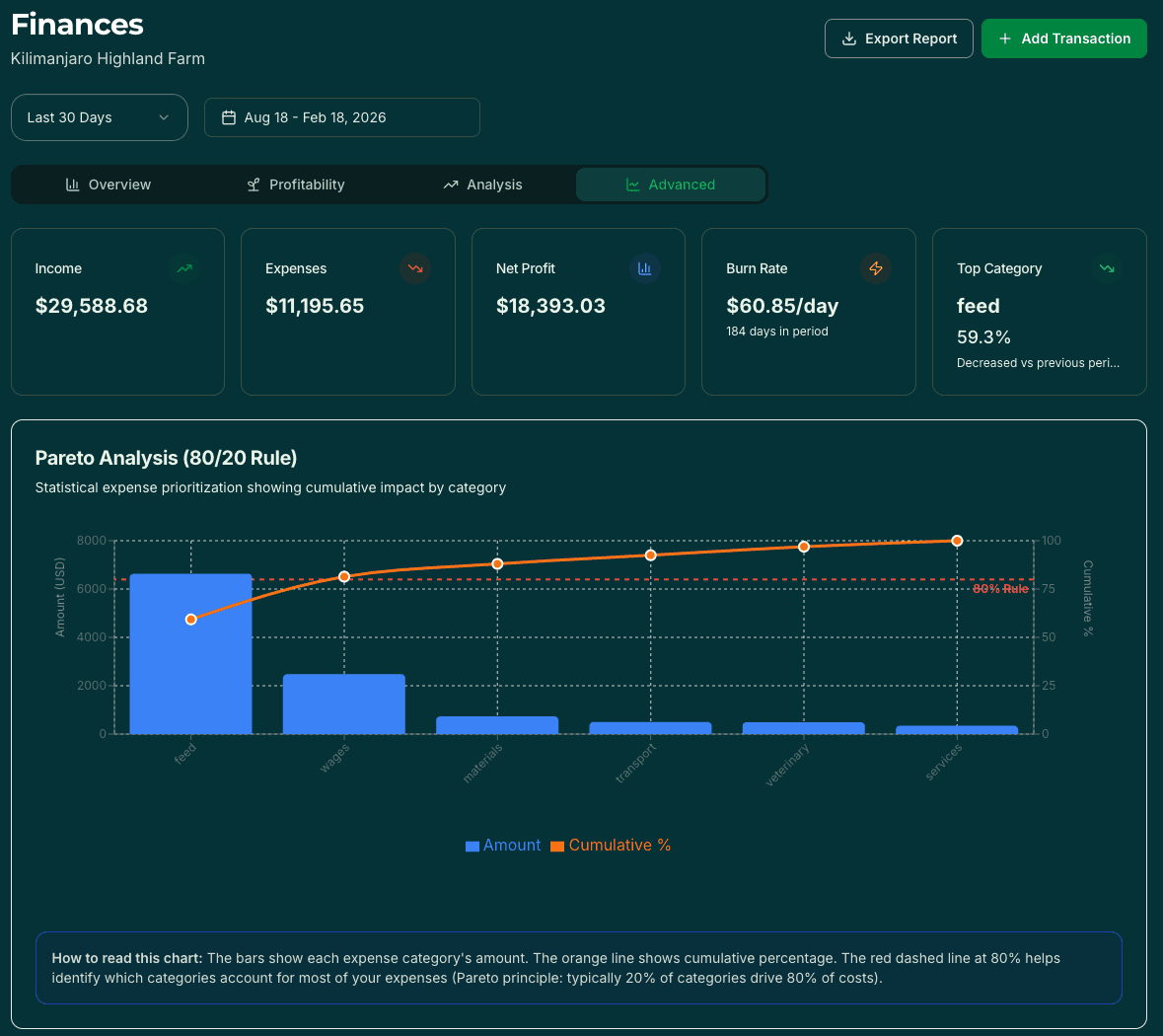 Advanced Pareto analysis showing cumulative expense impact