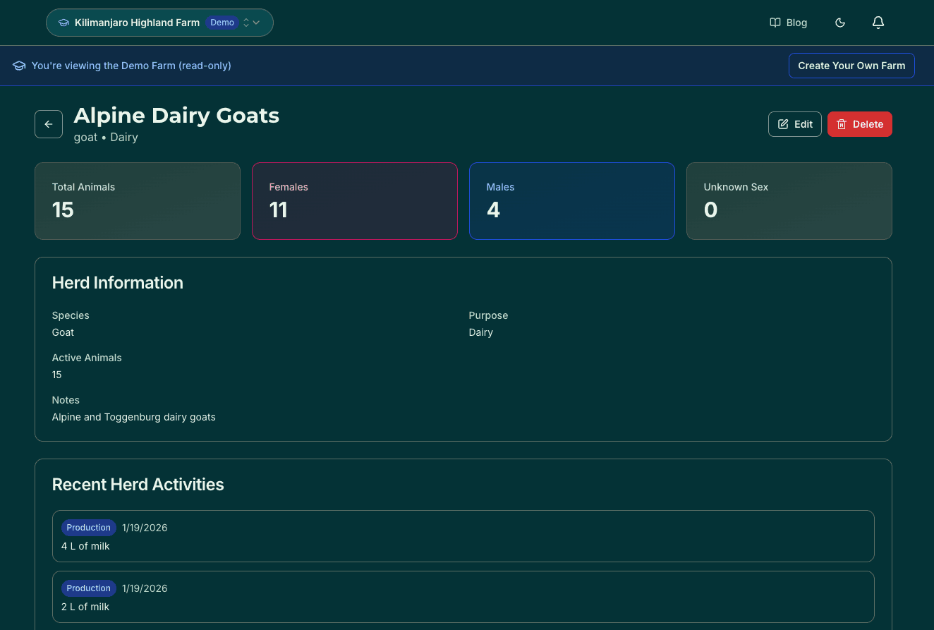 Herd detail page with animal counts, sex distribution, and recent activities