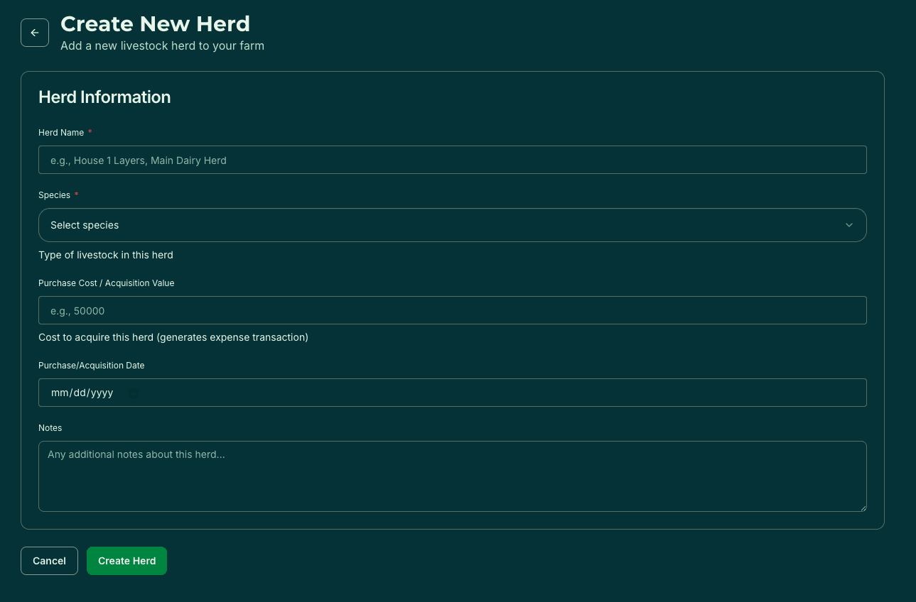 Create new herd form with species selection and purchase cost tracking