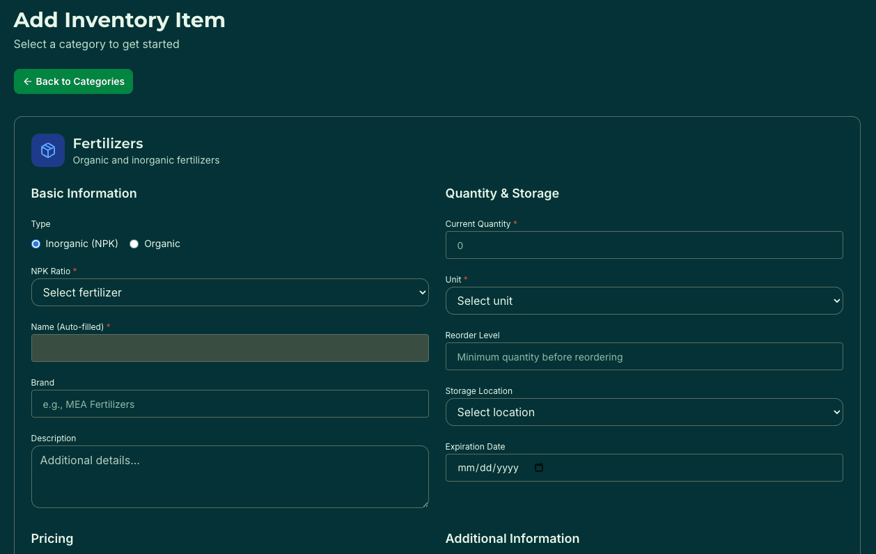Add inventory item form with category-specific fields