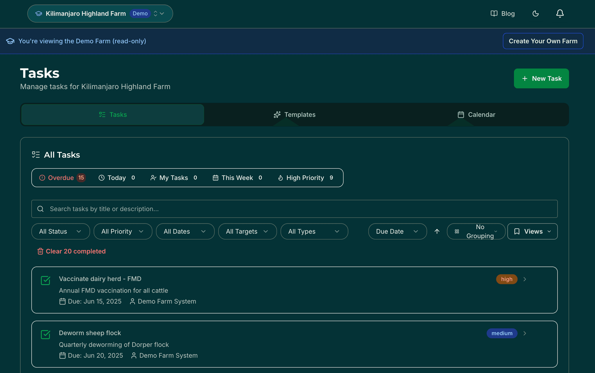 Task list with priority levels, status workflow, and filtering